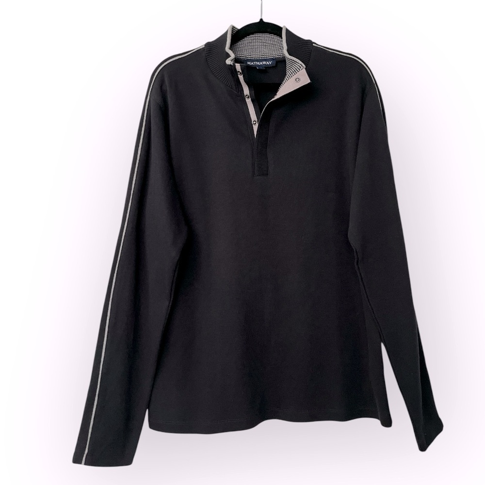 Hathaway Ribbed Knit Polo Sweater Snap Closure Black Mock Neck Large